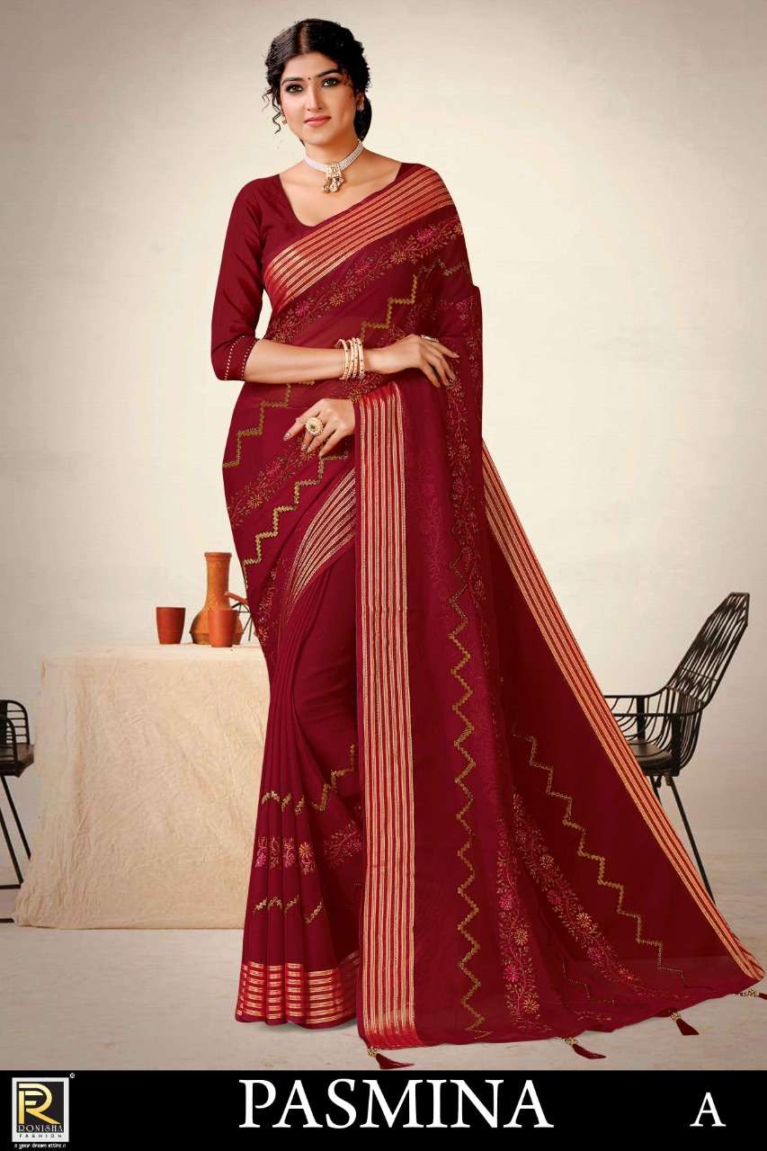 PARTY WEAR PASHMINA SAREE ON FANCY WORK CHIFFON PATTA