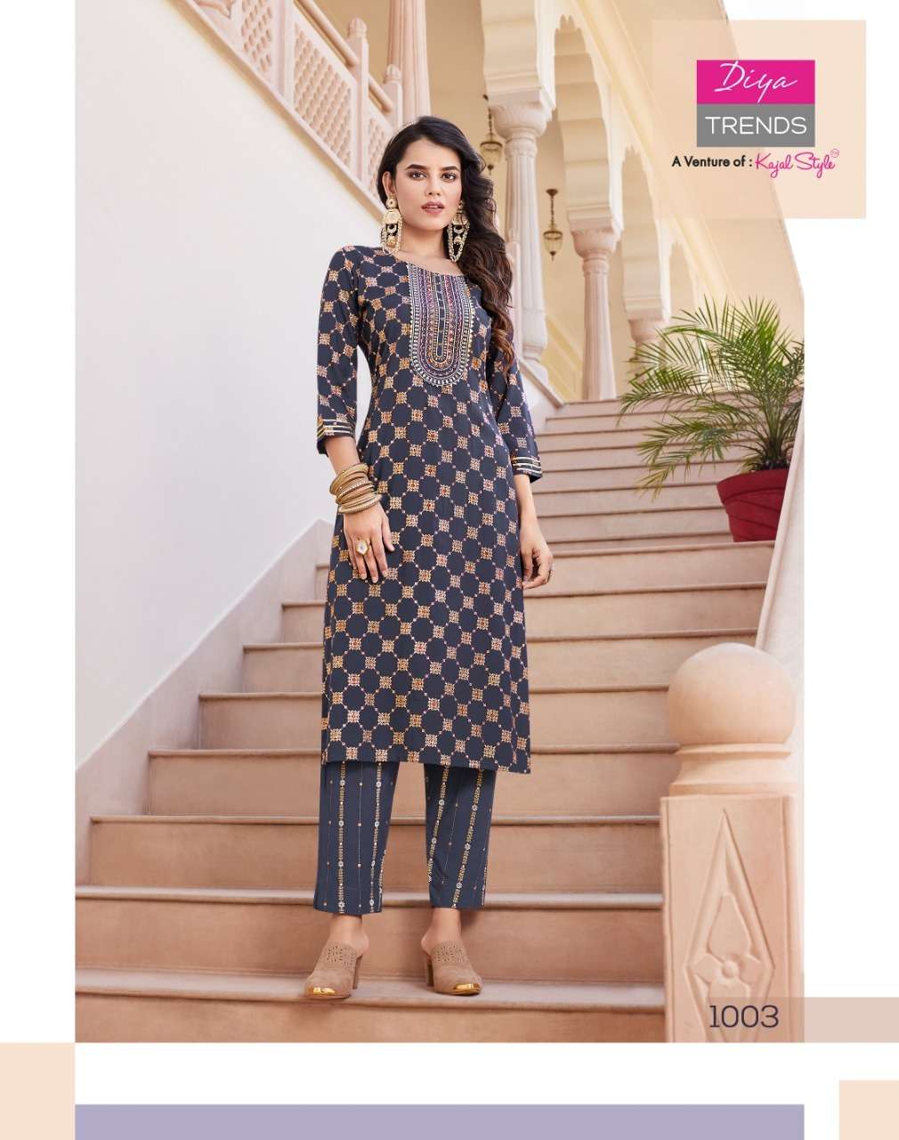 Rayon With Classy Gold Print  Fancy Embroidery Kurti Pant