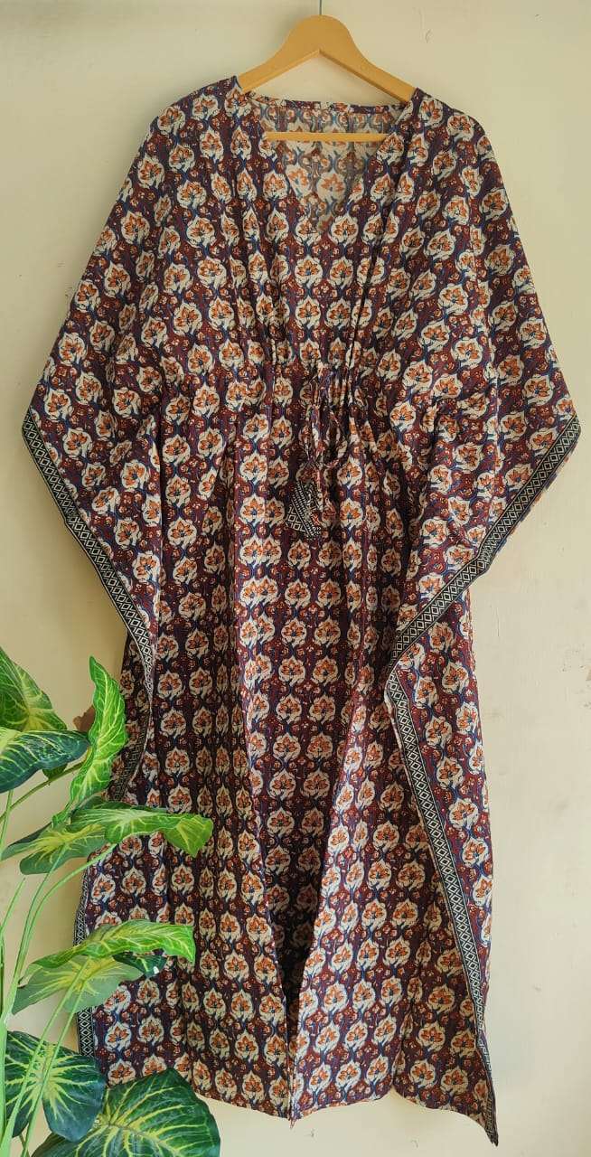 Aanvi Fab Present Summer Collection Pure Hand Block Printed Long  kaftans Dress On Wholesale