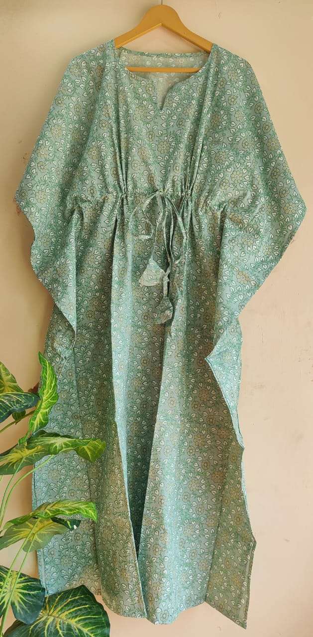 Aanvi Fab Present Summer Collection Pure Hand Block Printed Long  kaftans Dress On Wholesale