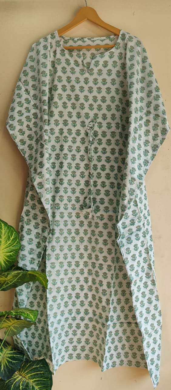 Aanvi Fab Present Summer Collection Pure Hand Block Printed Long  kaftans Dress On Wholesale