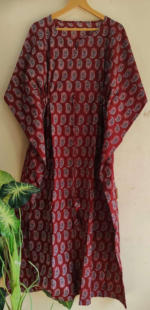 Aanvi Fab Present Summer Collection Pure Hand Block Printed Long  kaftans Dress On Wholesale