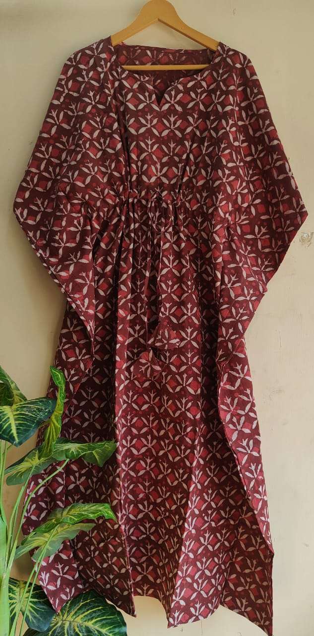 Aanvi Fab Present Summer Collection Pure Hand Block Printed Long  kaftans Dress On Wholesale