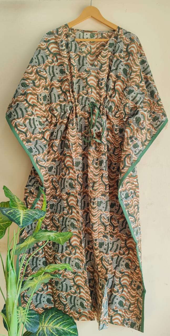 Aanvi Fab Present Summer Collection Pure Hand Block Printed Long  kaftans Dress On Wholesale