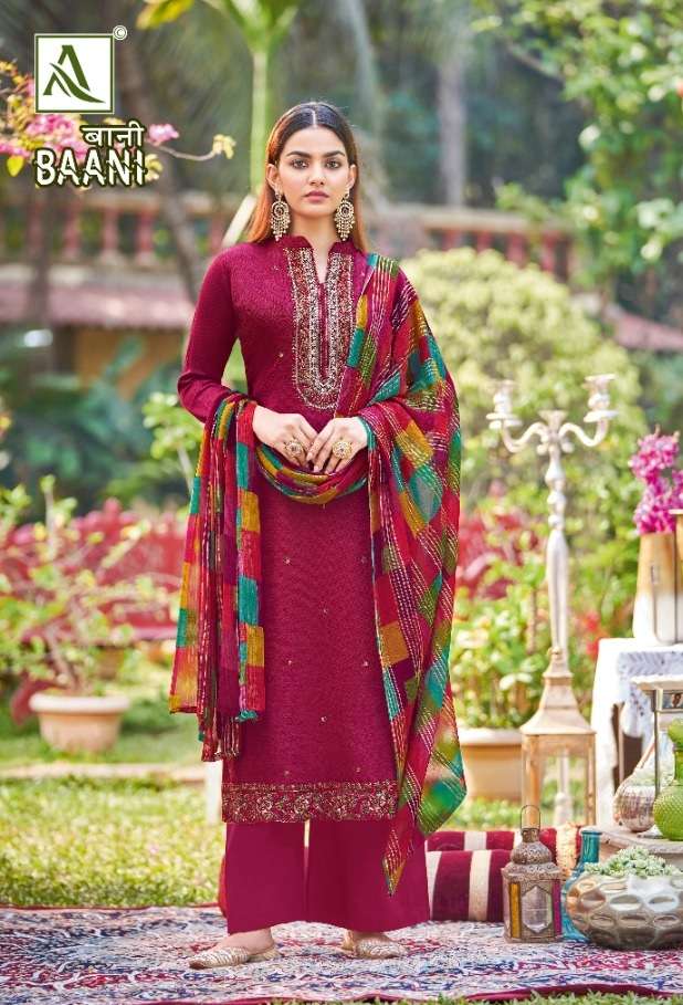 Alok Suit Present Baani Pure Zam Negative Print with Fancy Embroidery & Swarovski Diamond Work On Wholesale