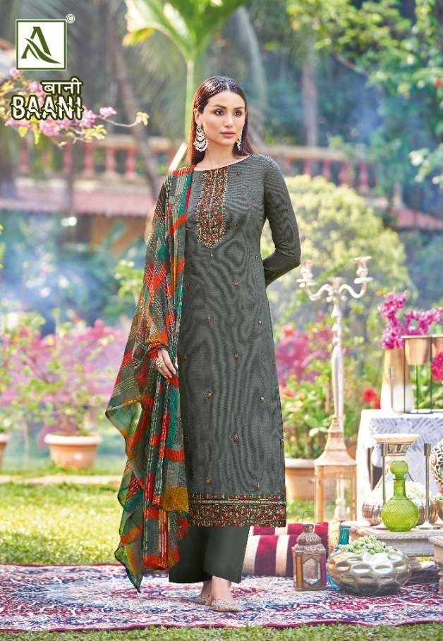 Alok Suit Present Baani Pure Zam Negative Print with Fancy Embroidery & Swarovski Diamond Work On Wholesale
