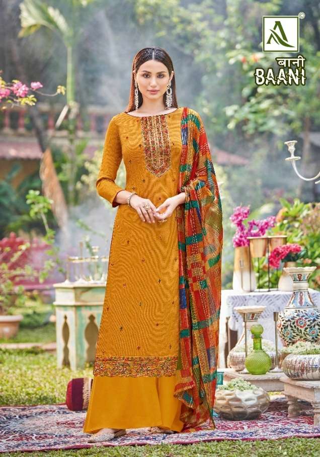 Alok Suit Present Baani Pure Zam Negative Print with Fancy Embroidery & Swarovski Diamond Work On Wholesale