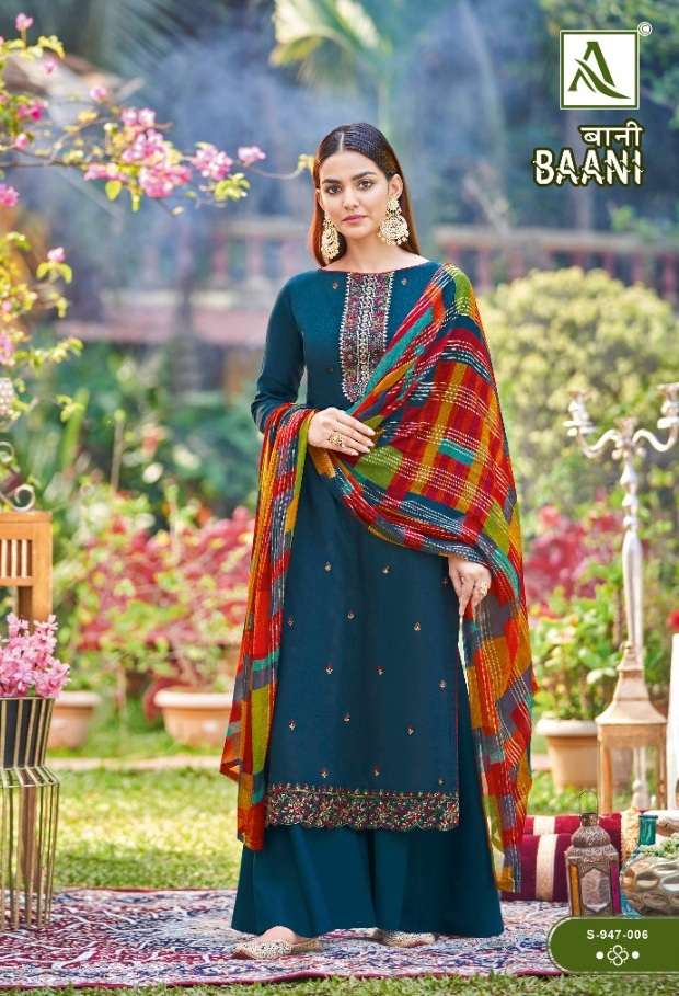 Alok Suit Present Baani Pure Zam Negative Print with Fancy Embroidery & Swarovski Diamond Work On Wholesale