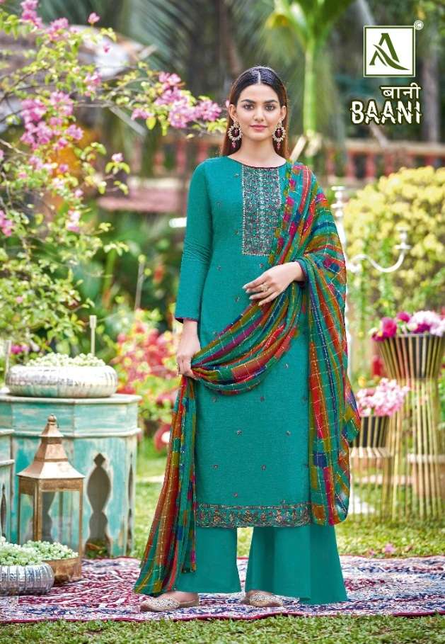 Alok Suit Present Baani Pure Zam Negative Print with Fancy Embroidery & Swarovski Diamond Work On Wholesale