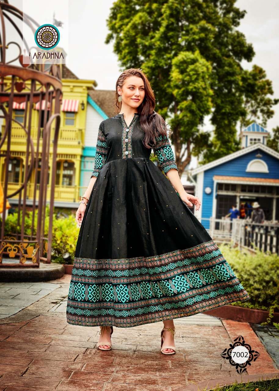  ARADHNA Present Stylish Gown Style LEVEL 7 Kurti  On Wholesale With Beautiful Print And Work