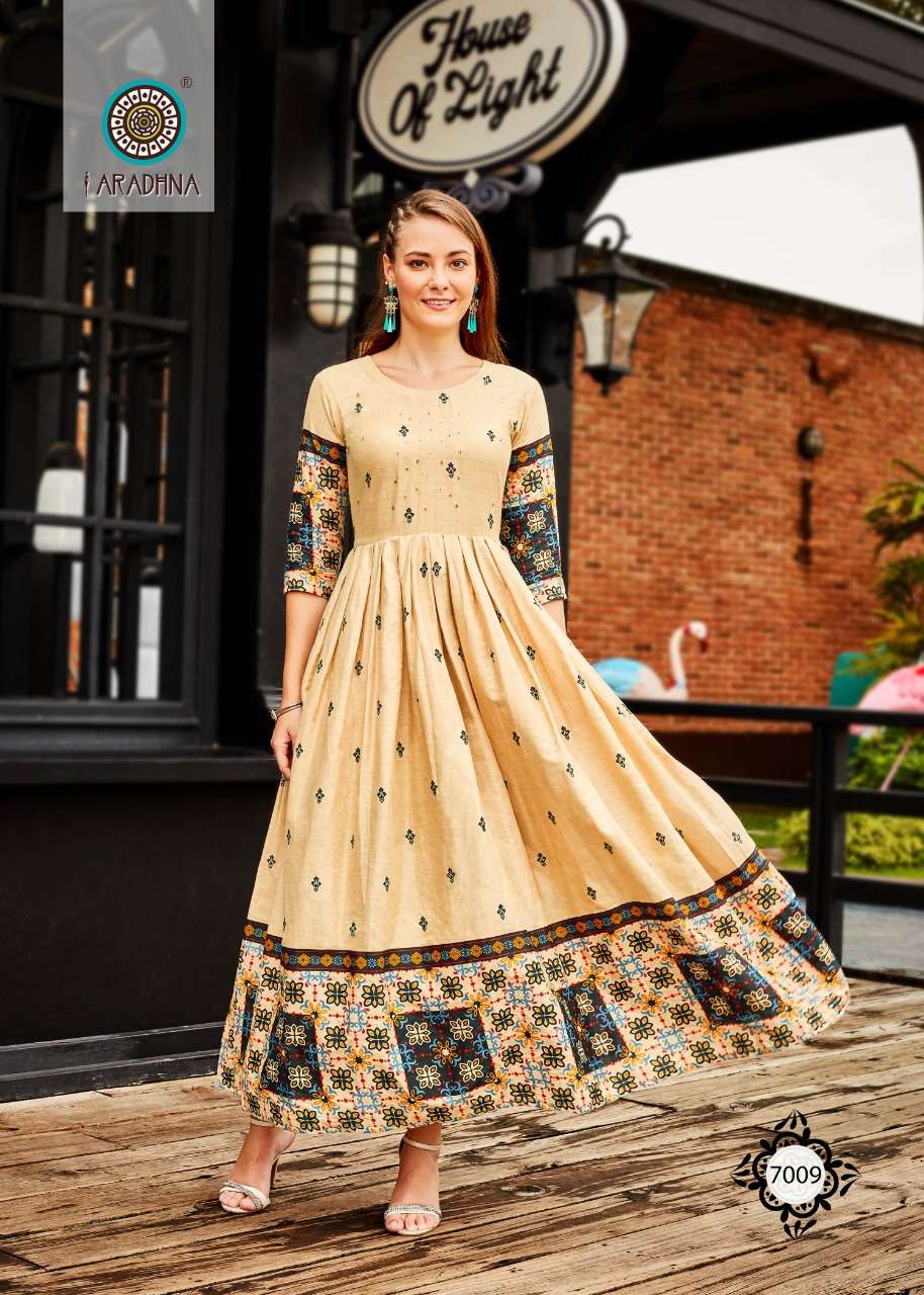  ARADHNA Present Stylish Gown Style LEVEL 7 Kurti  On Wholesale With Beautiful Print And Work