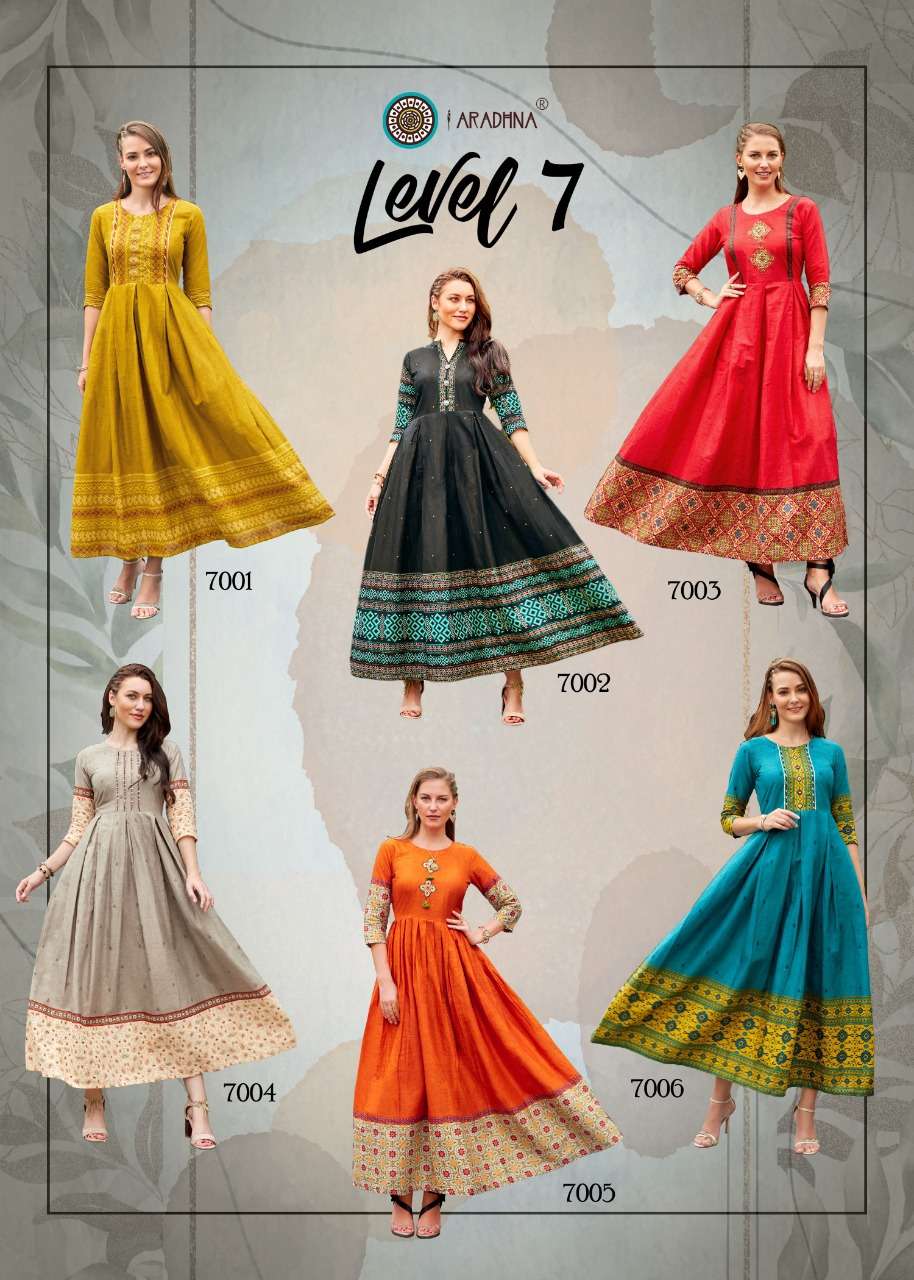  ARADHNA Present Stylish Gown Style LEVEL 7 Kurti  On Wholesale With Beautiful Print And Work