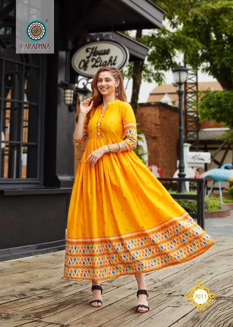  ARADHNA Present Stylish Gown Style LEVEL 7 Kurti  On Wholesale With Beautiful Print And Work