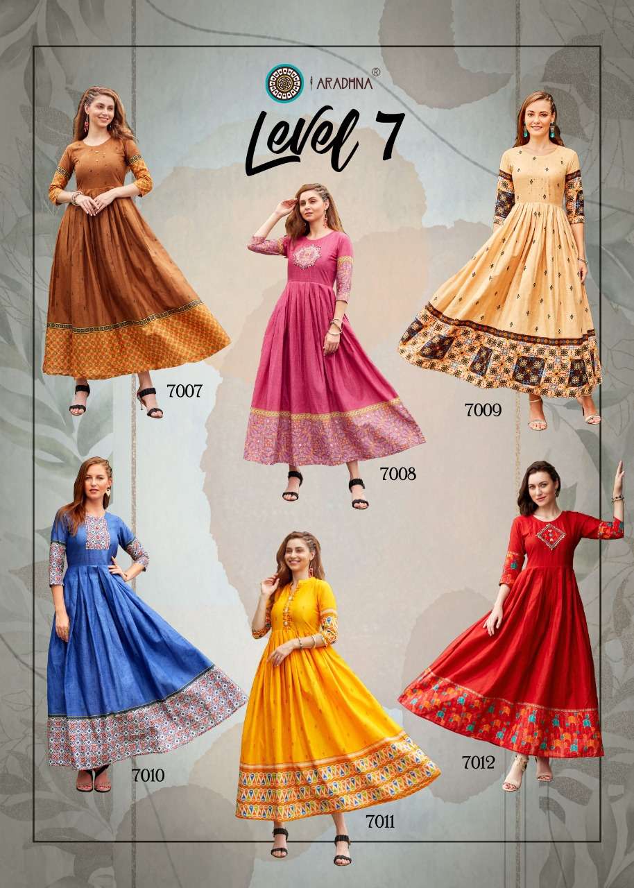  ARADHNA Present Stylish Gown Style LEVEL 7 Kurti  On Wholesale With Beautiful Print And Work