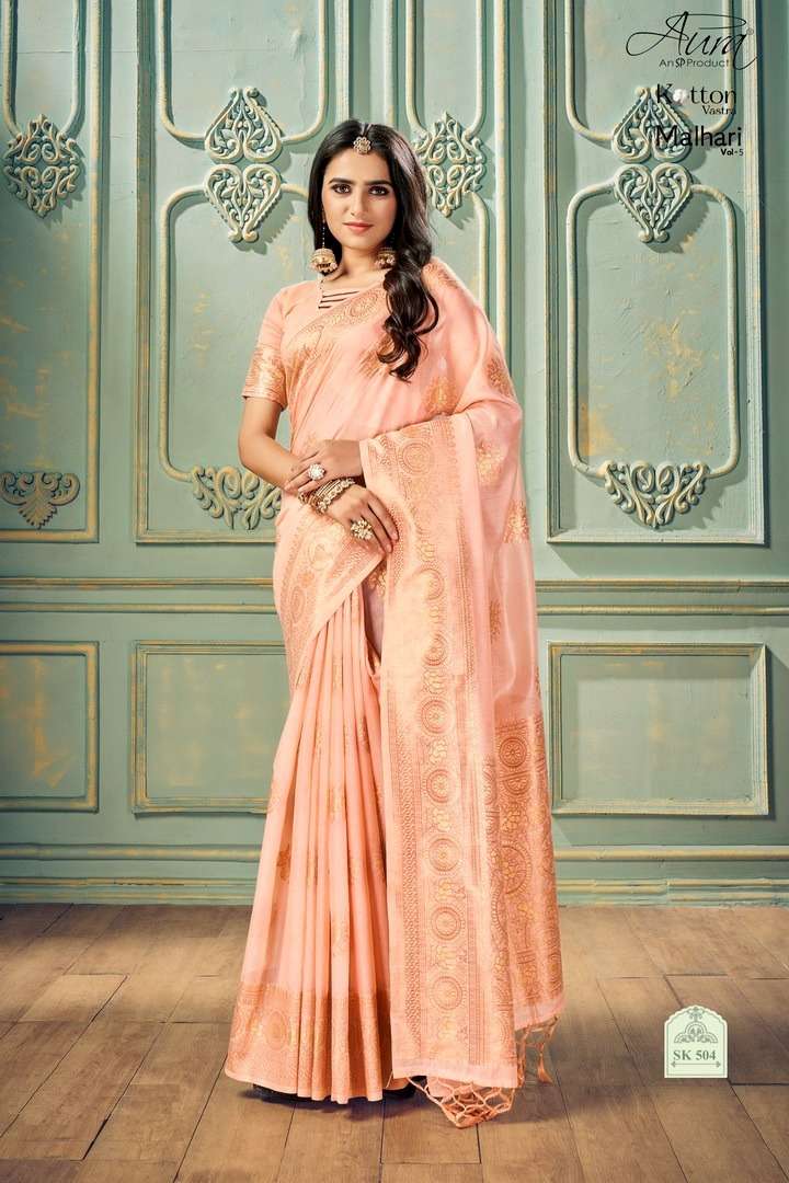  Aura Malhari Present Vol-5 Soft Cotton with Weaving Border and Pallu and Butta On Wholesale