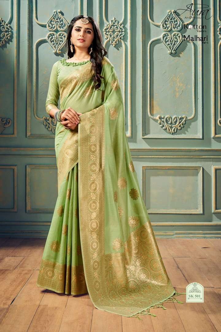  Aura Malhari Present Vol-5 Soft Cotton with Weaving Border and Pallu and Butta On Wholesale
