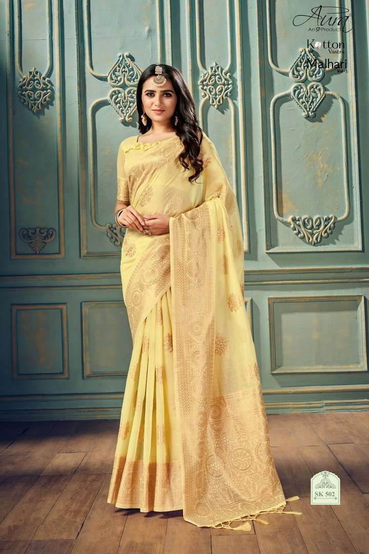  Aura Malhari Present Vol-5 Soft Cotton with Weaving Border and Pallu and Butta On Wholesale