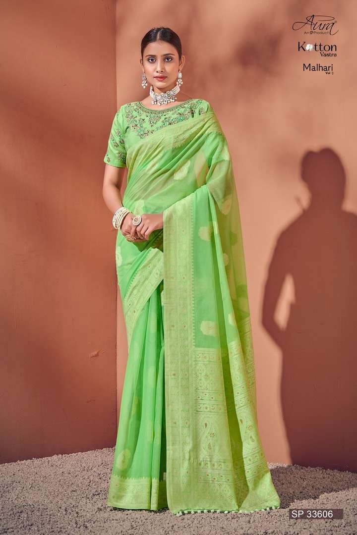 AURA PRESENT Malhari Vol-3 ON Soft Cotton With Lucknowi Weaving Border And RICH Pallu and Butta SAREE