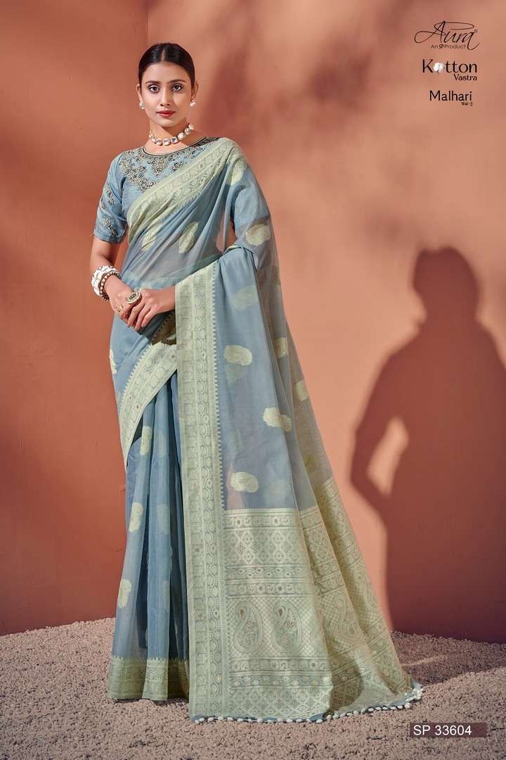 AURA PRESENT Malhari Vol-3 ON Soft Cotton With Lucknowi Weaving Border And RICH Pallu and Butta SAREE