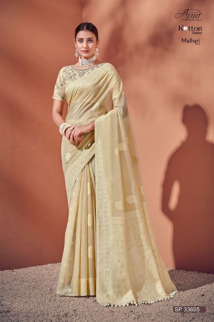 AURA PRESENT Malhari Vol-3 ON Soft Cotton With Lucknowi Weaving Border And RICH Pallu and Butta SAREE