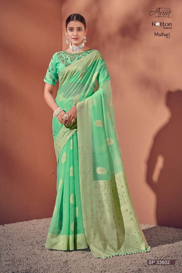 AURA PRESENT Malhari Vol-3 ON Soft Cotton With Lucknowi Weaving Border And RICH Pallu and Butta SAREE