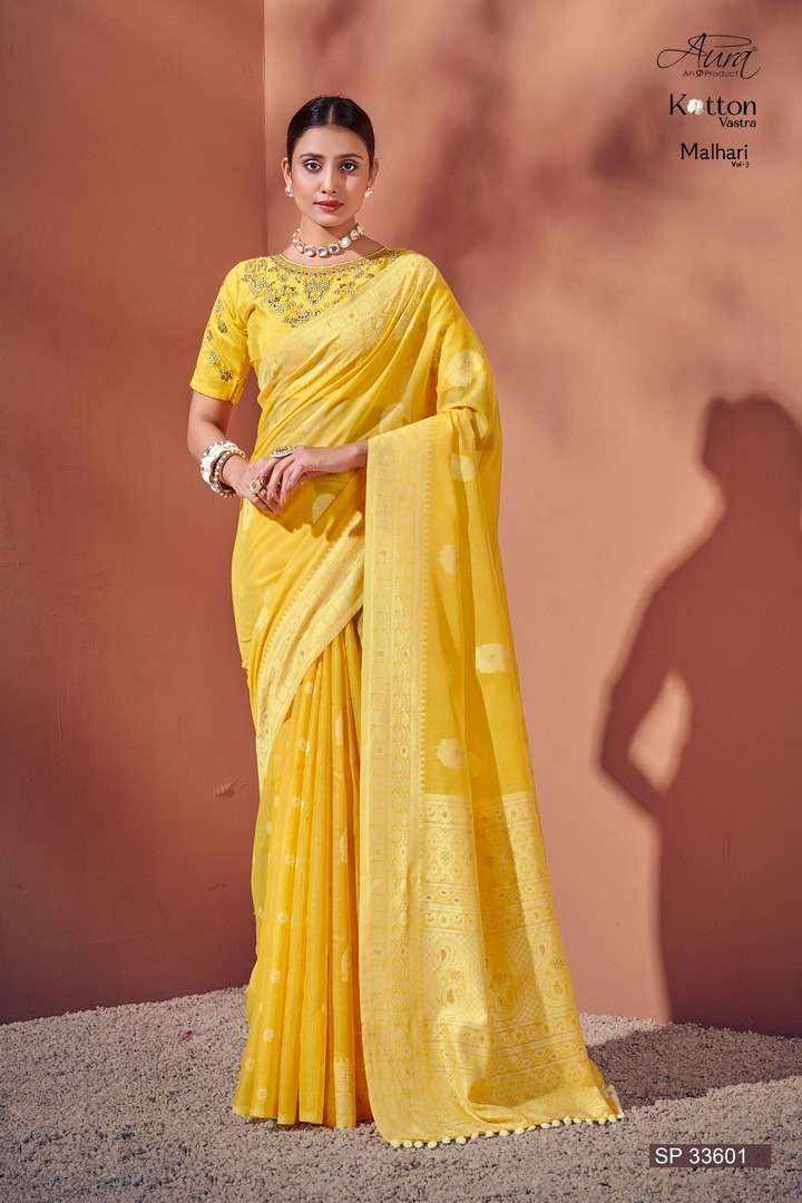 AURA PRESENT Malhari Vol-3 ON Soft Cotton With Lucknowi Weaving Border And RICH Pallu and Butta SAREE
