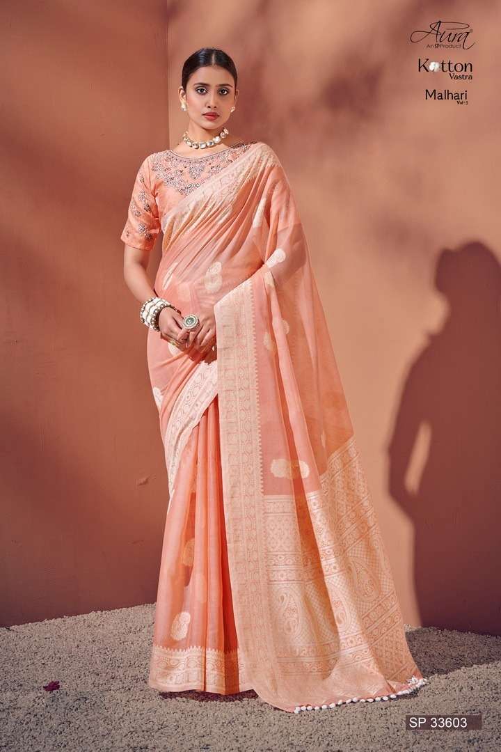 AURA PRESENT Malhari Vol-3 ON Soft Cotton With Lucknowi Weaving Border And RICH Pallu and Butta SAREE