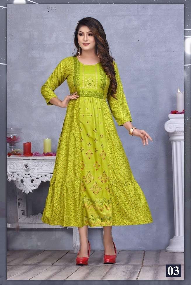 GOLDEN MOMENTS PRESENT HEAVY REYON PRINTED AND STYLISH FLAIR KURTI ON WHOLESALE