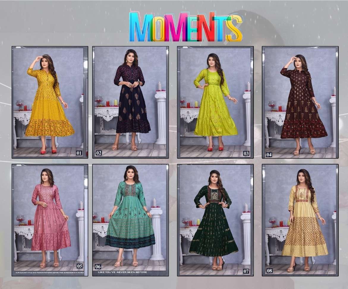 GOLDEN MOMENTS PRESENT HEAVY REYON PRINTED AND STYLISH FLAIR KURTI ON WHOLESALE