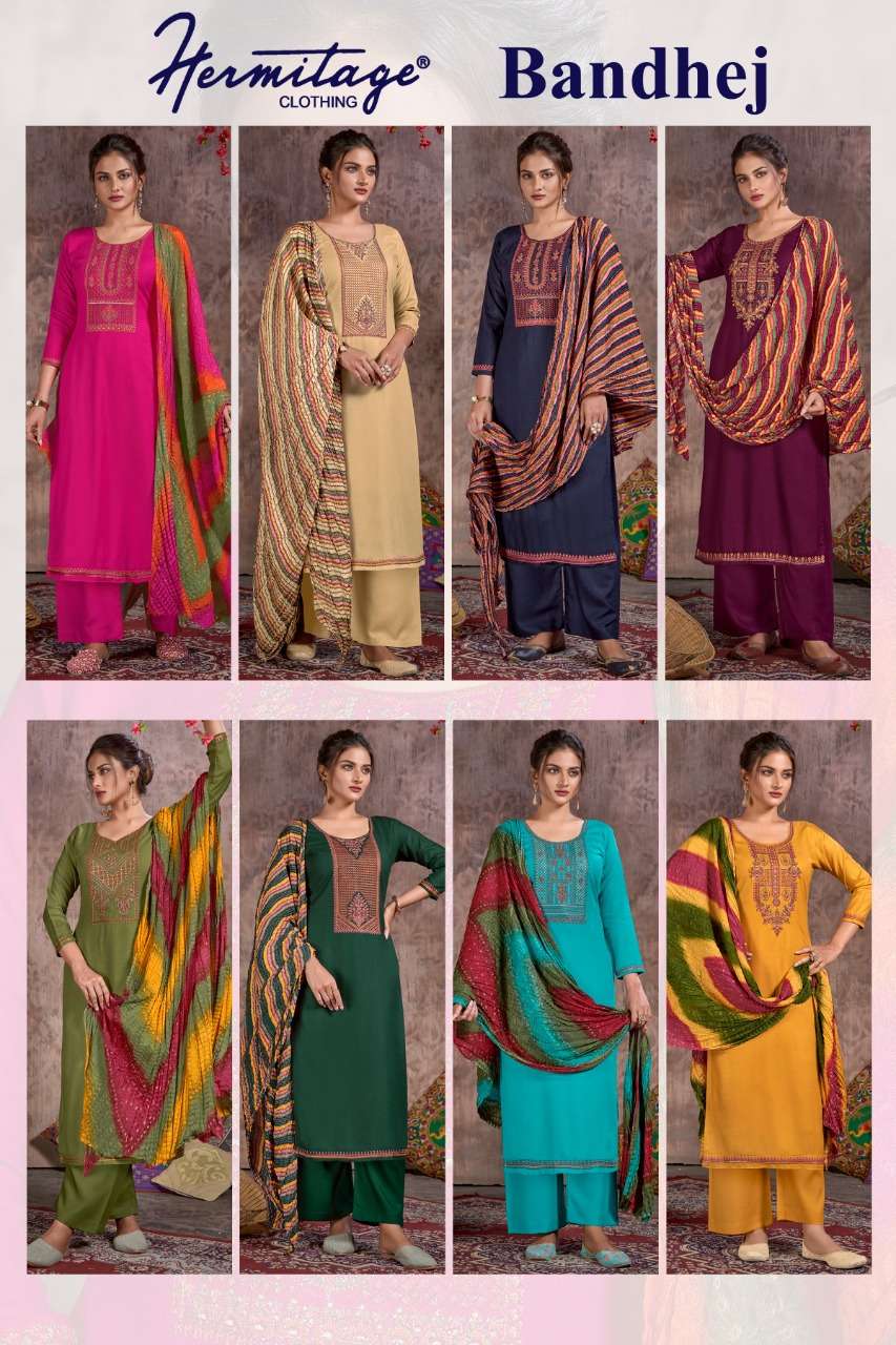 Hermitage Clothing Bandhej Pure Viscose Slub Reyon With Swarovski Embroidery on Top Daman & Sleeves On Wholesale 