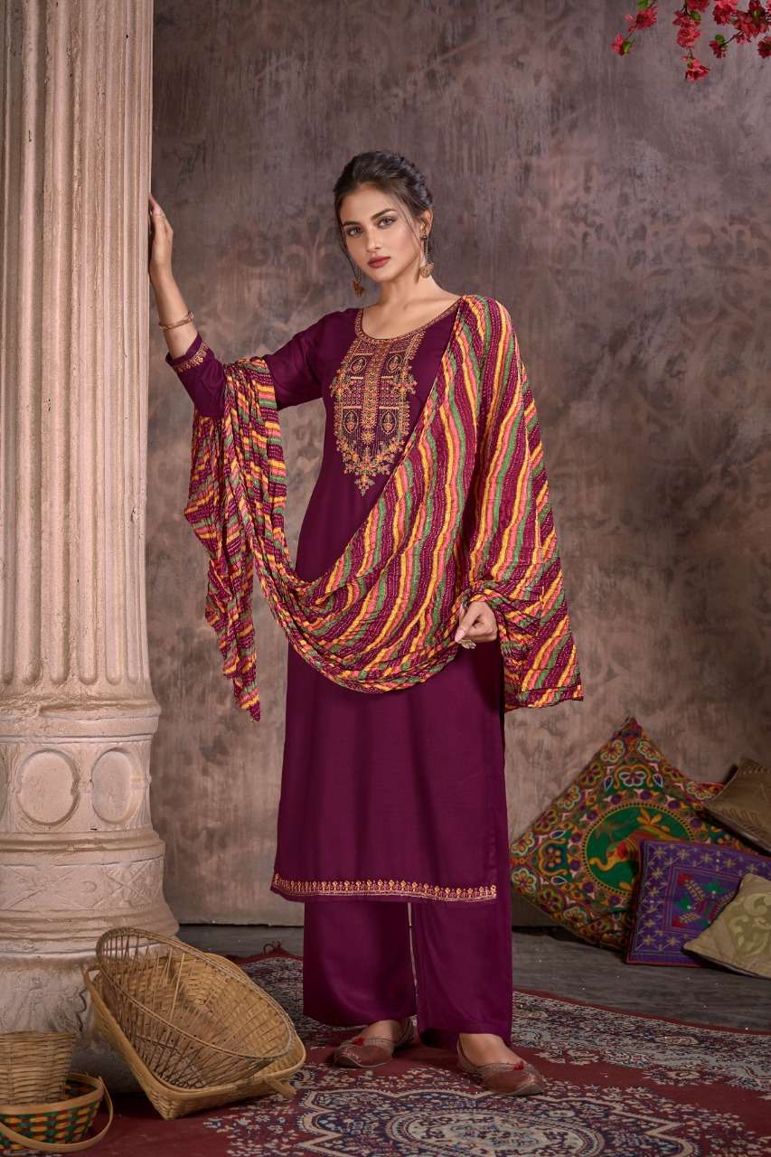 Hermitage Clothing Bandhej Pure Viscose Slub Reyon With Swarovski Embroidery on Top Daman & Sleeves On Wholesale 