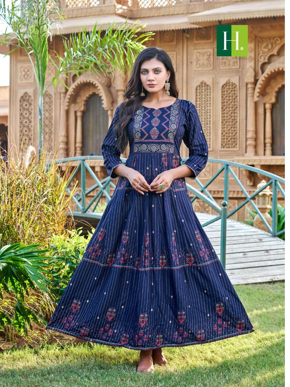 Haima - Hand Block Printed Long Cotton Pleated Flare Dress - DS68F002 |  Flare dress, Affordable dresses, Indian outfits lehenga