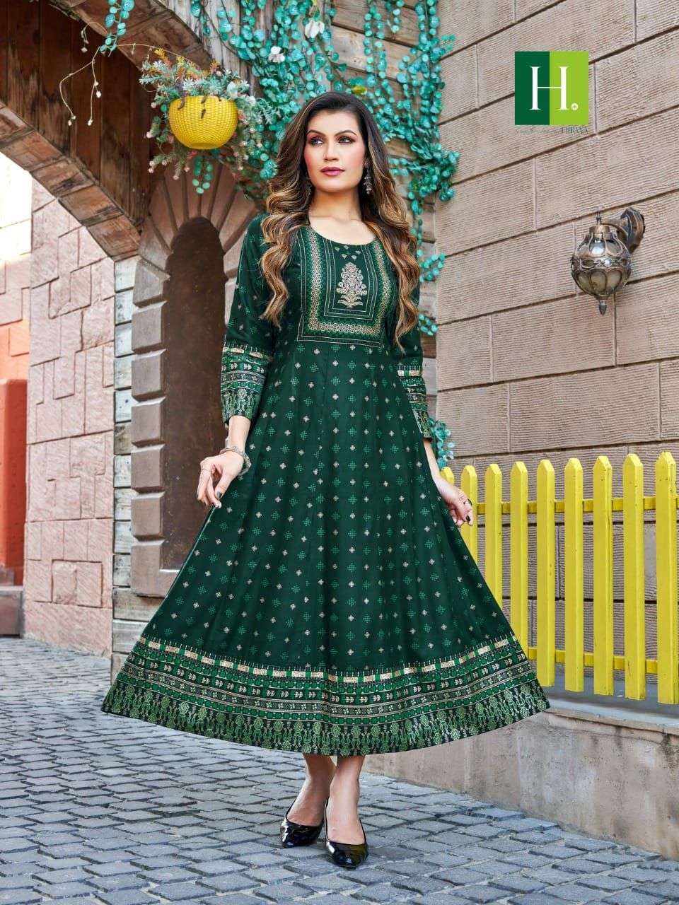 Dark Green Net Floral Printed Anarkali Kurti