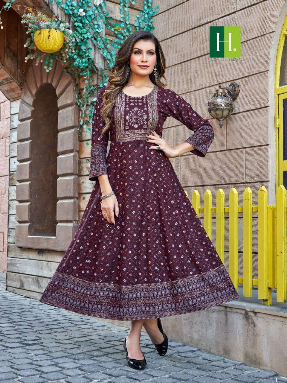 Mustard Heavy Rayon Embroidered Anarkali Kurti – Gunj Fashion