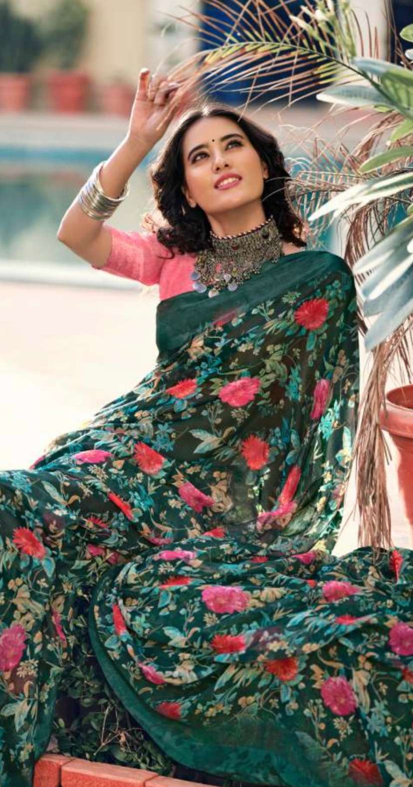 KASHVI PRESENT FANCY WEGHTLESS GEORGET DIGITAL PRINT WITH FANCY SATIN PATTA BORDER  WITH BLOUSE ON WHOLESALE 