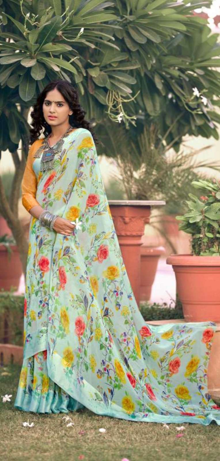KASHVI PRESENT FANCY WEGHTLESS GEORGET DIGITAL PRINT WITH FANCY SATIN PATTA BORDER  WITH BLOUSE ON WHOLESALE 
