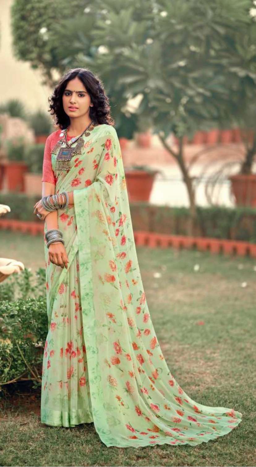 KASHVI PRESENT FANCY WEGHTLESS GEORGET DIGITAL PRINT WITH FANCY SATIN PATTA BORDER  WITH BLOUSE ON WHOLESALE 