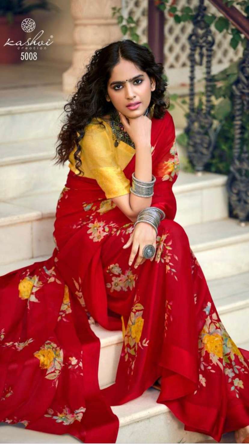 KASHVI PRESENT FANCY WEGHTLESS GEORGET DIGITAL PRINT WITH FANCY SATIN PATTA BORDER  WITH BLOUSE ON WHOLESALE 