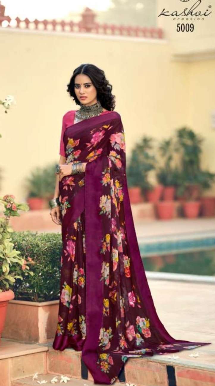 KASHVI PRESENT FANCY WEGHTLESS GEORGET DIGITAL PRINT WITH FANCY SATIN PATTA BORDER  WITH BLOUSE ON WHOLESALE 