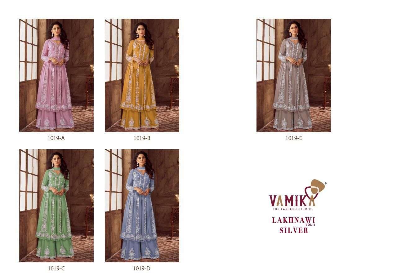 LAKHNAVI PRESENT VAMIKA VOL:-4 WHITE THREAD AND  FNAZMIN WITH FOUR SIDE LESS ON WHOLESALE 