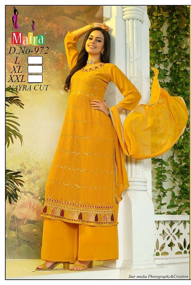 Maria Present New Design In Nayra Cut Kurti Plazzo On Pure Georgette With Four Side Lace On Dupatta on Wholesale   