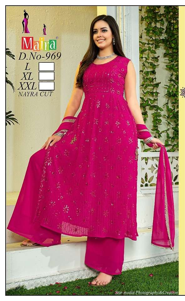 Maria Present New Design In Nayra Cut Kurti Plazzo On Pure Georgette With Four Side Lace On Dupatta on Wholesale   