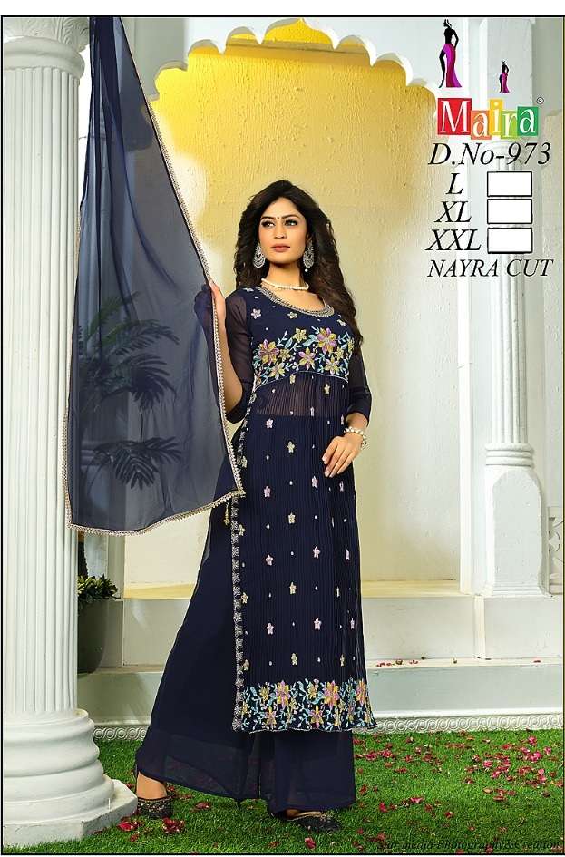Maria Present New Design In Nayra Cut Kurti Plazzo On Pure Georgette With Four Side Lace On Dupatta on Wholesale   