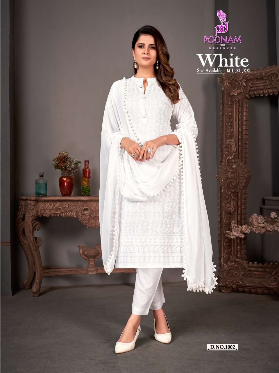 Poonam Designer Present White Pure Rayon Front/Back & Sleeve Full Chikan Work Kurti Pant Dupatta On Wholesale