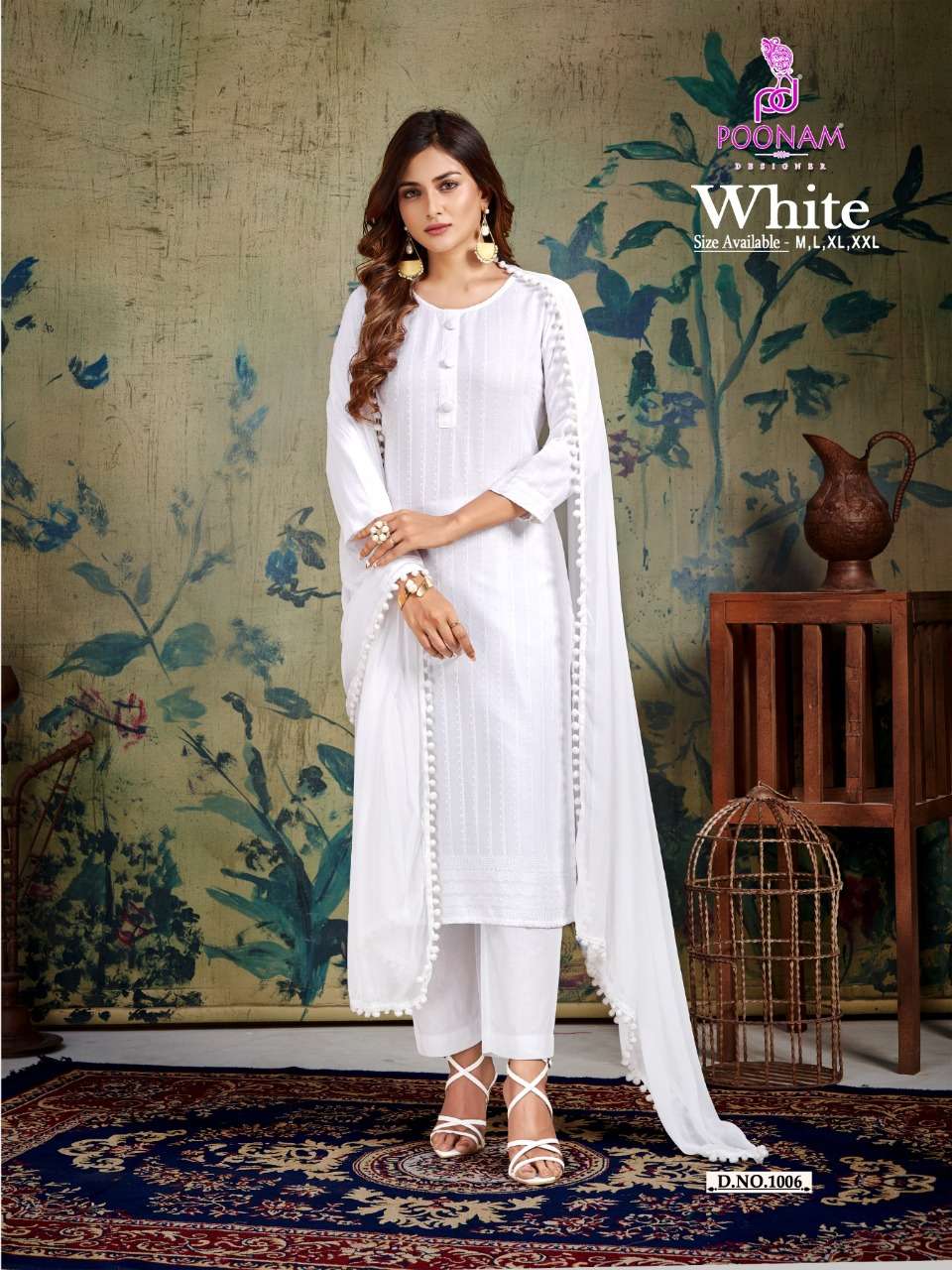 Poonam Designer Present White Pure Rayon Front/Back & Sleeve Full Chikan Work Kurti Pant Dupatta On Wholesale