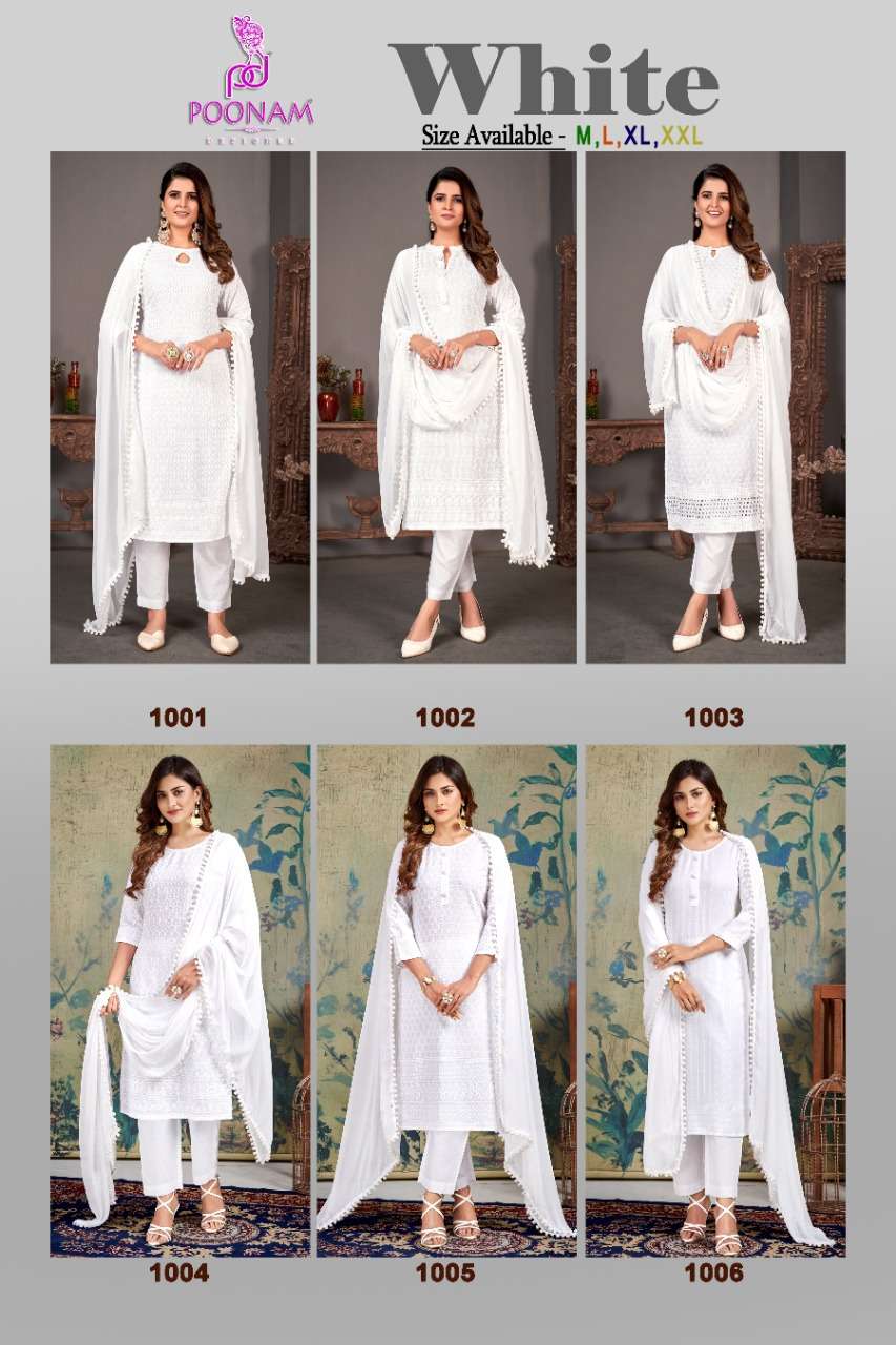 Poonam Designer Present White Pure Rayon Front/Back & Sleeve Full Chikan Work Kurti Pant Dupatta On Wholesale