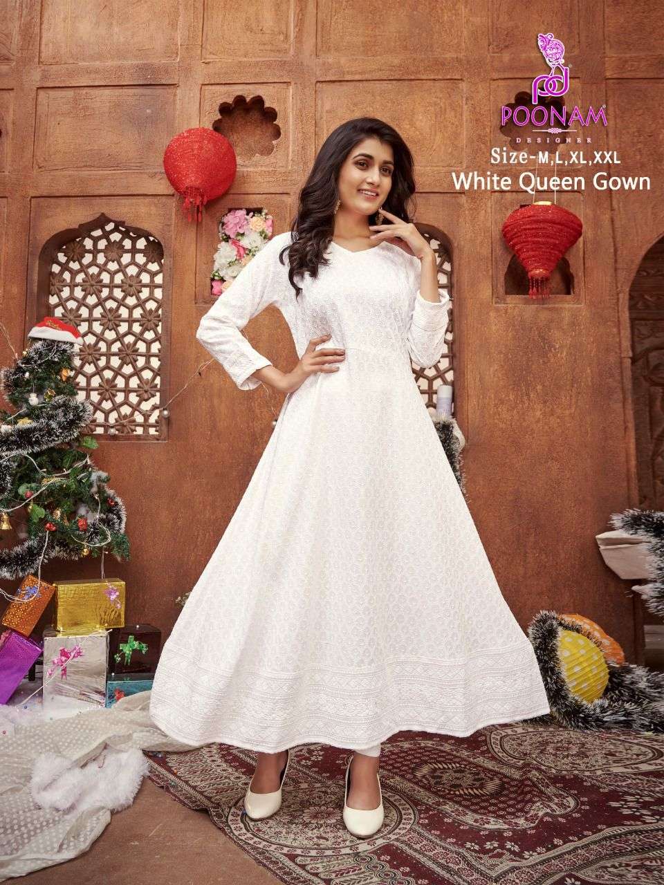 POONAM LAUNCHING WHITE QUEEN RAYON CHIKAN WORK GOWN