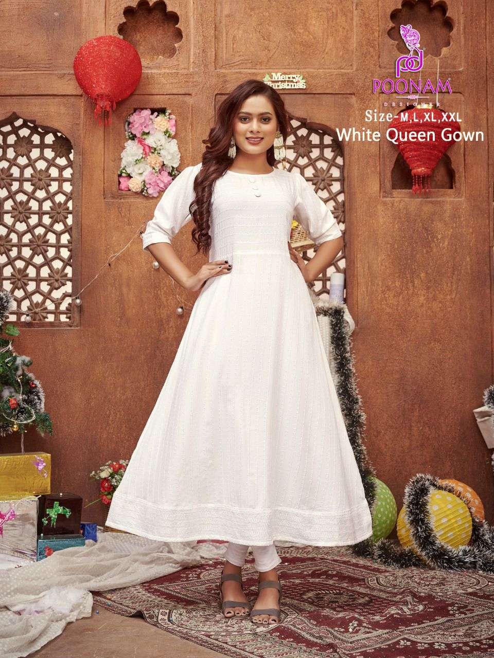 POONAM LAUNCHING WHITE QUEEN RAYON CHIKAN WORK GOWN