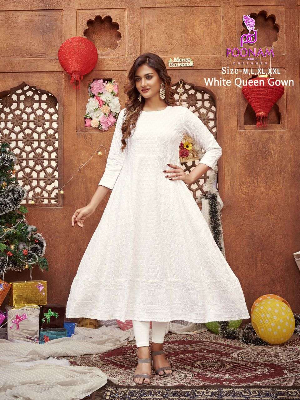 POONAM LAUNCHING WHITE QUEEN RAYON CHIKAN WORK GOWN