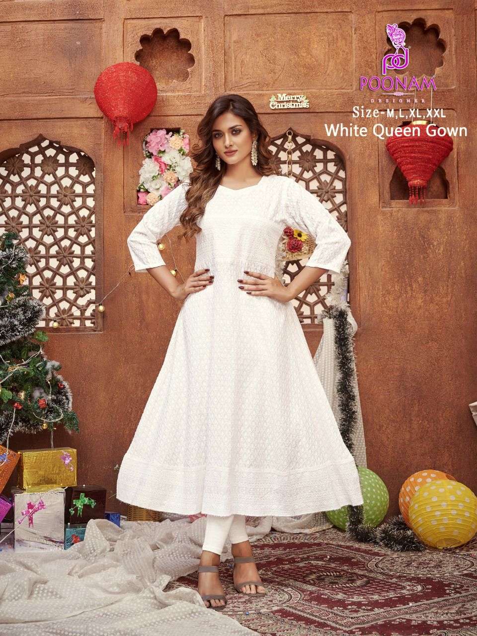 POONAM LAUNCHING WHITE QUEEN RAYON CHIKAN WORK GOWN